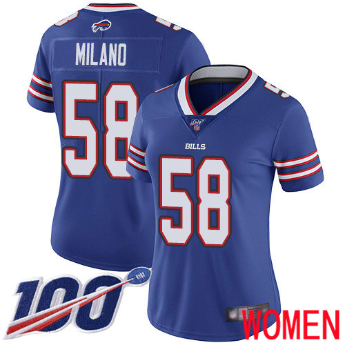 Women Buffalo Bills #58 Matt Milano Royal Blue Team Color Vapor Untouchable Limited Player 100th Season NFL Jersey->women nfl jersey->Women Jersey